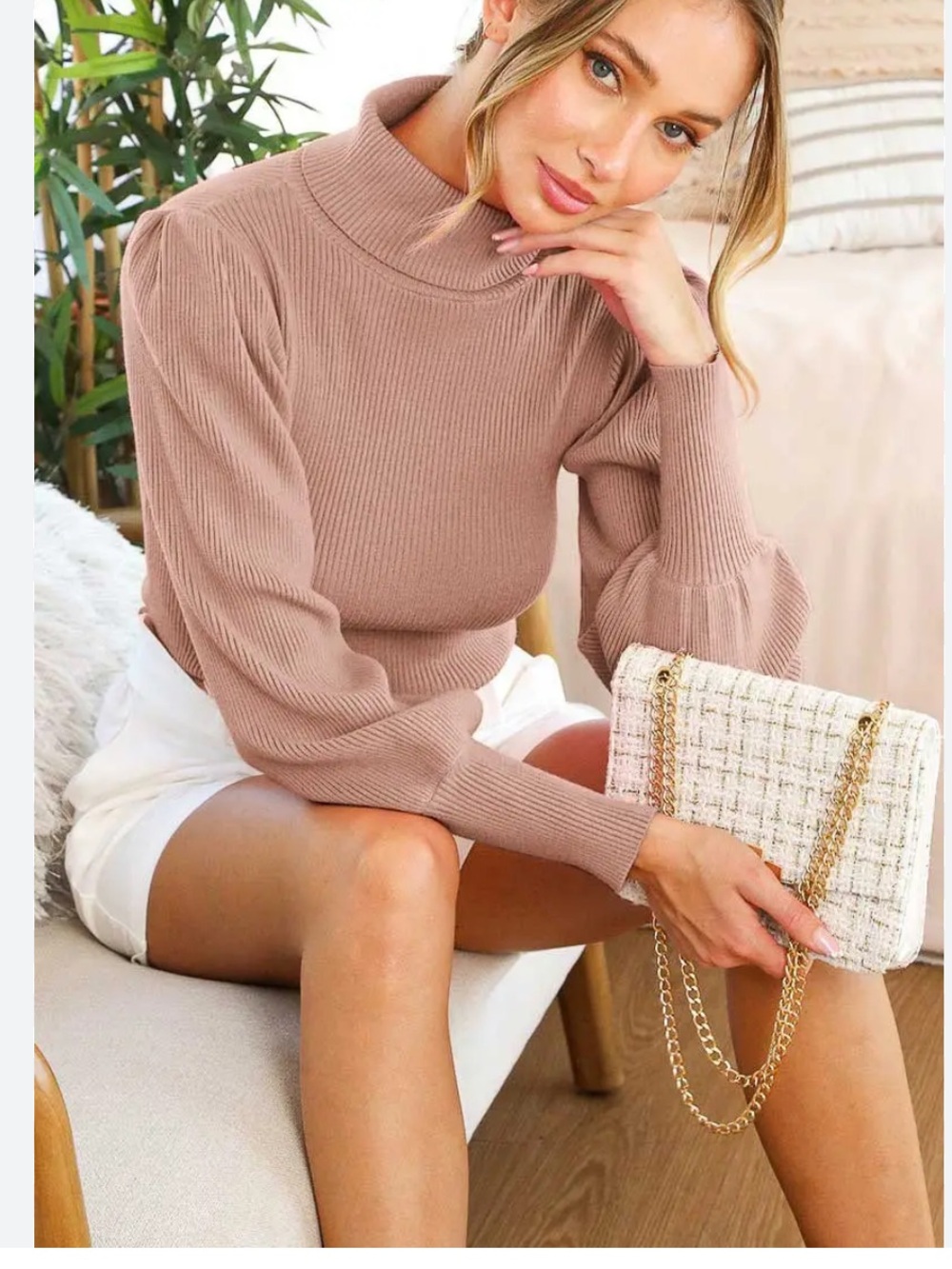 Love Tree Puff Sleeve Ribbed Turtleneck Sweater in Mauve